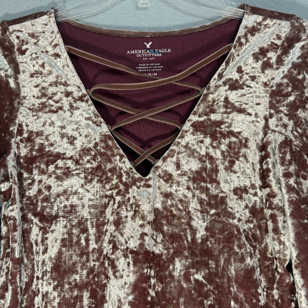 American Eagle Lace Up Crushed Velvet Top Womens Size M Burgundy Y2K Boho Goth - Picture 3 of 6
